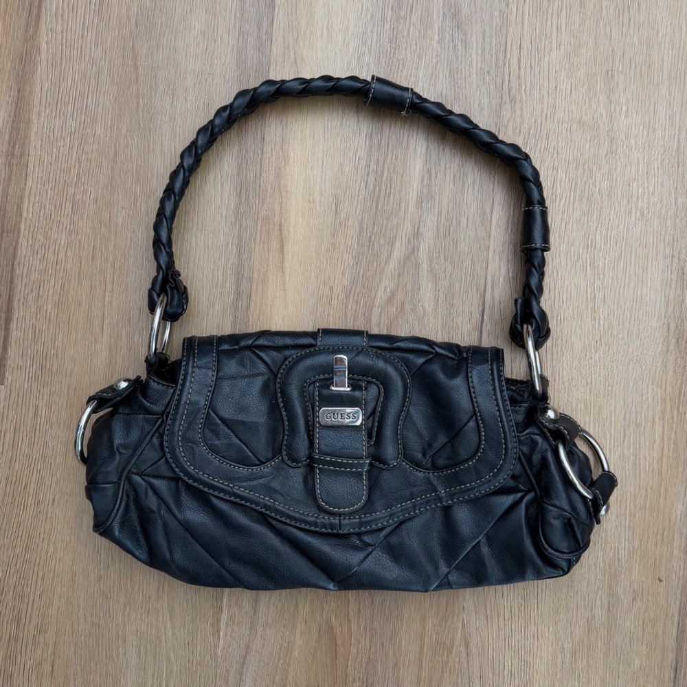 Vintage Guess Y2K Black Quilted Shoulder Bag Braided Strap Silver Hardware